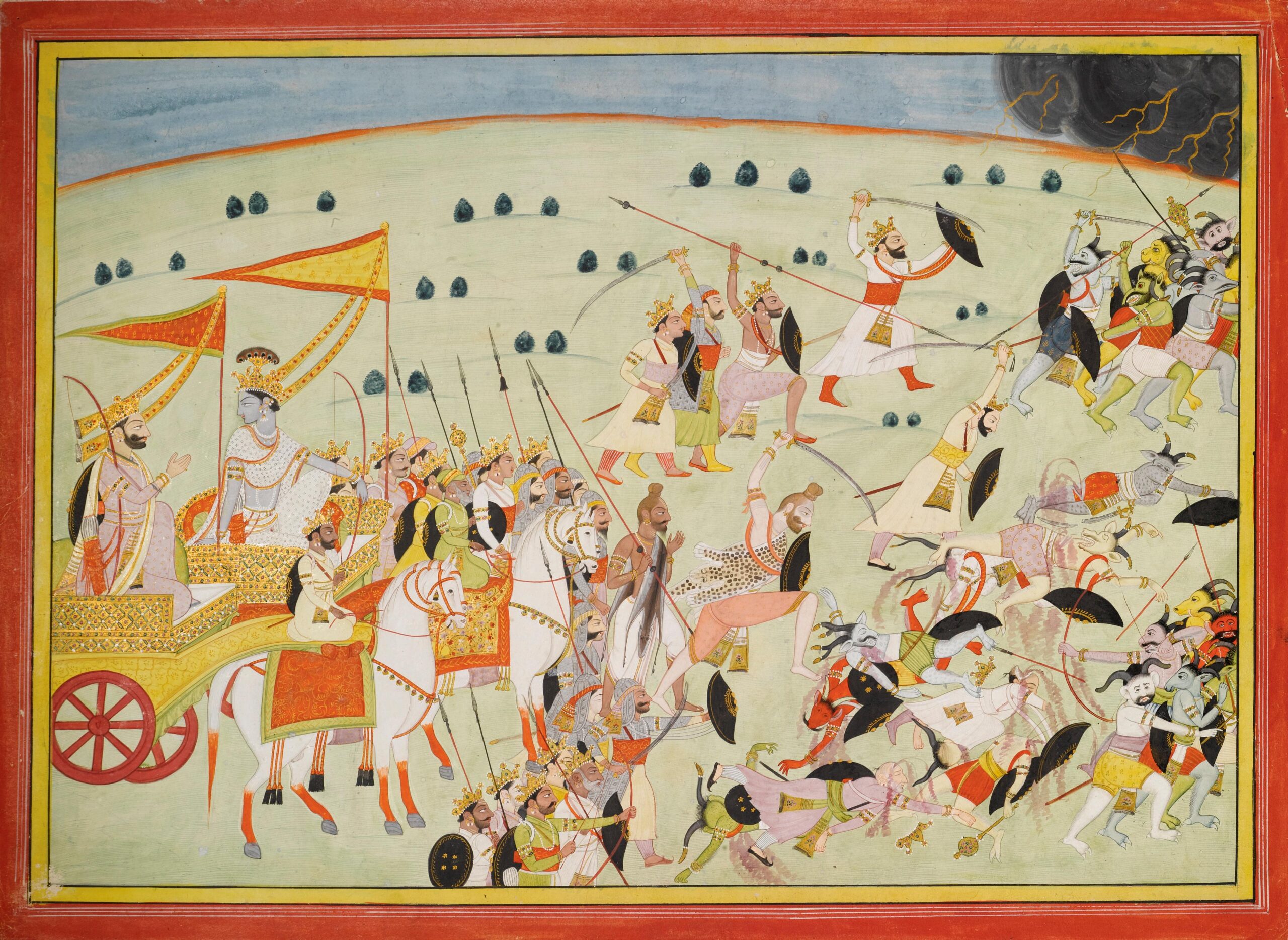Arjuna, archer et chef de la famille des Pandavas, se retrouve au milieu du champ de bataille (Kurukshetra) où doivent s’affronter deux familles, les Pandavas et Kuravas, se disputant la possession de la ville céleste d’Hastinapura. 